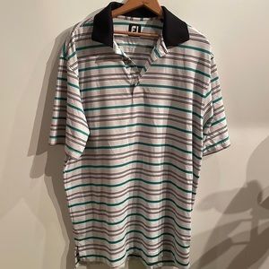 Footjoy Golf Polo. White Black and Teal Stripe. Large.